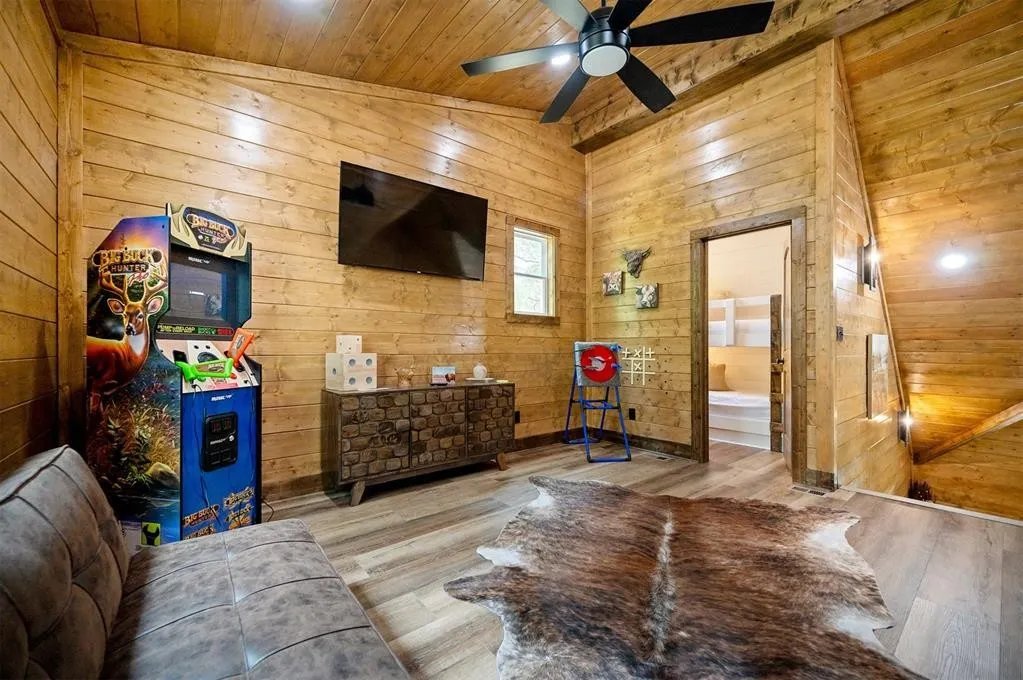 Gilded Spur upstairs loft before Yellowwood Atelier design, second angle, Broken Bow OK cabin: empty programmed area, no arcade or game build-out yet