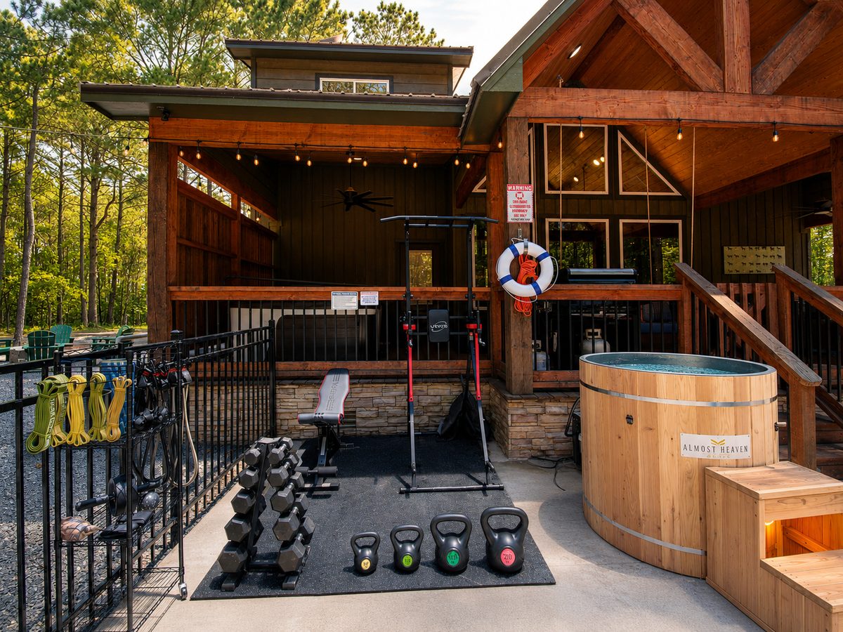 Outdoor fitness area with free weights and a cedar hot tub at Gilded Spur in Hochatown, Oklahoma