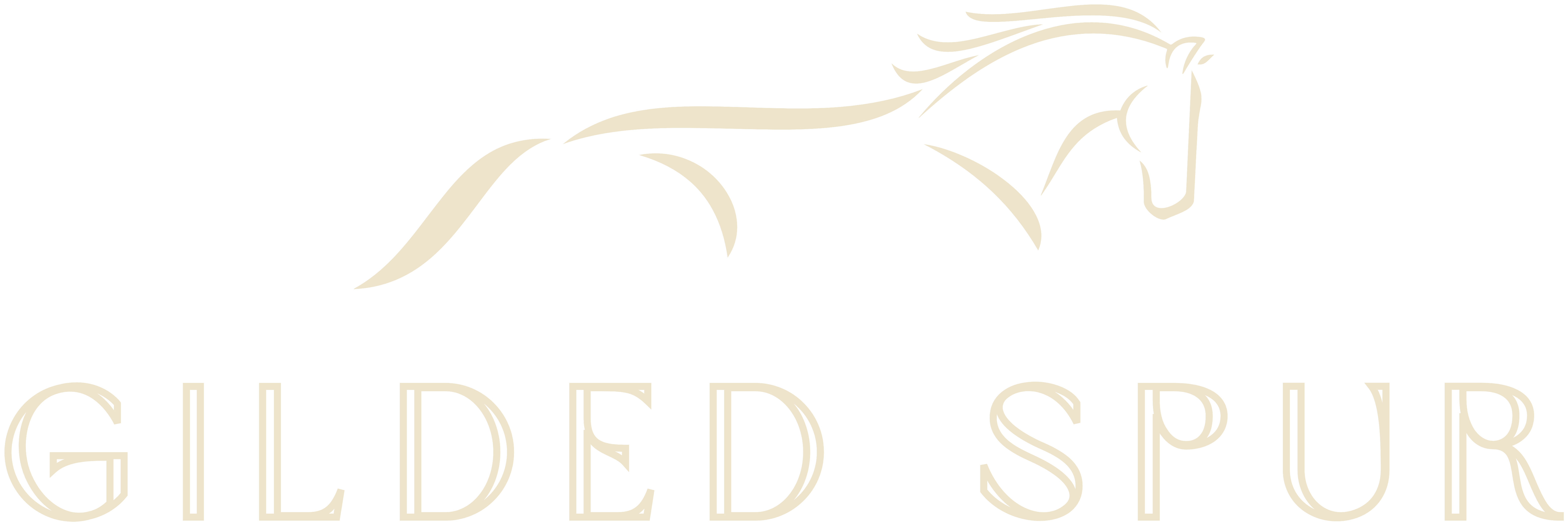 Gilded Spur wordmark with horse-in-motion mark, cream single-tone, over an equestrian-luxury cabin at dusk, Hochatown Oklahoma